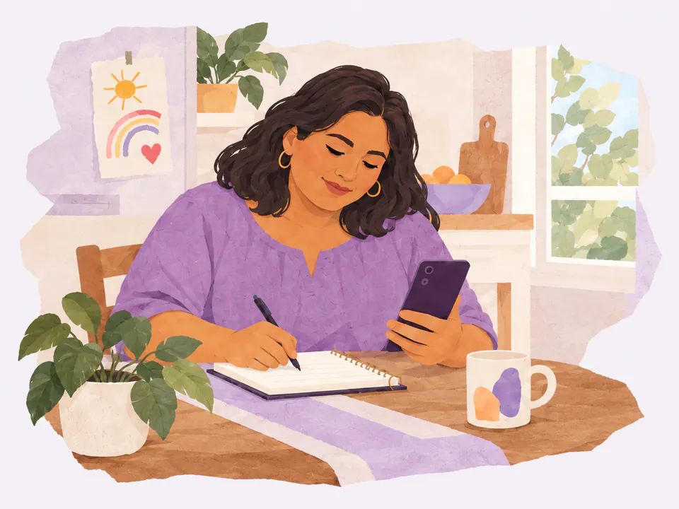 A woman checks her phone and writes in a notebook at her kitchen table.